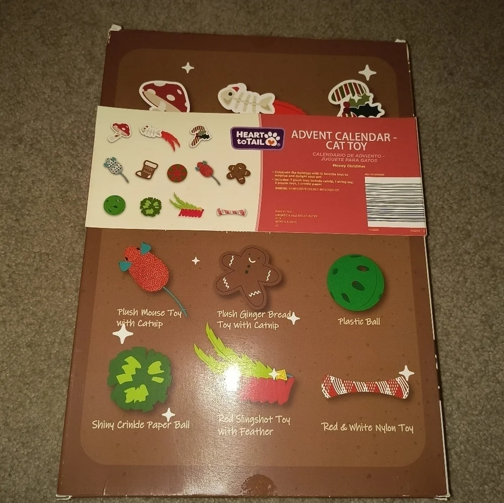 Advent Calendar Cat Toy - Festive Brown and Red Gift Christmas Home Decor